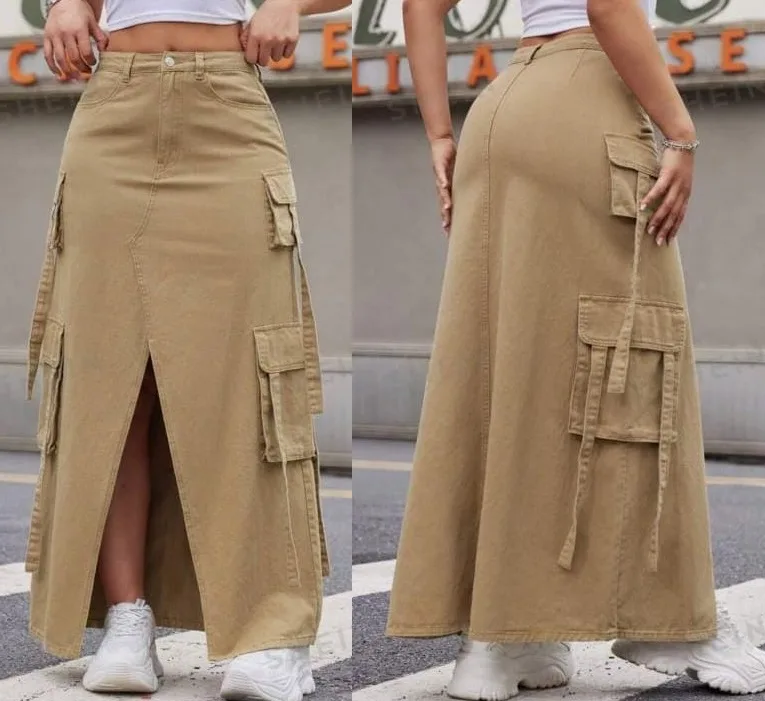 Skirt 59-L: digital sewing pattern for women — long cargo skirt with front slit and pockets — Moldey