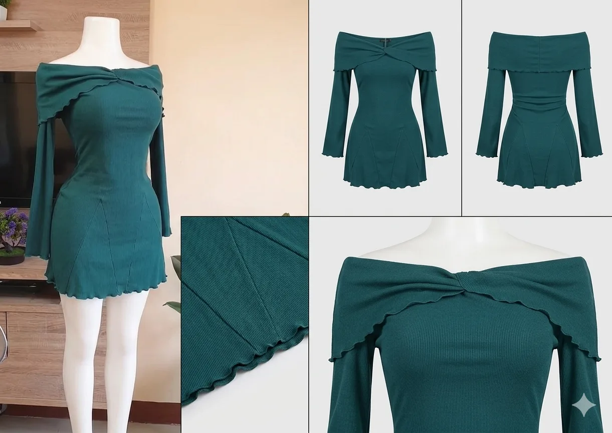Dress 455: digital sewing pattern for women — off-shoulder dress with twist and flared sleeves — Moldey