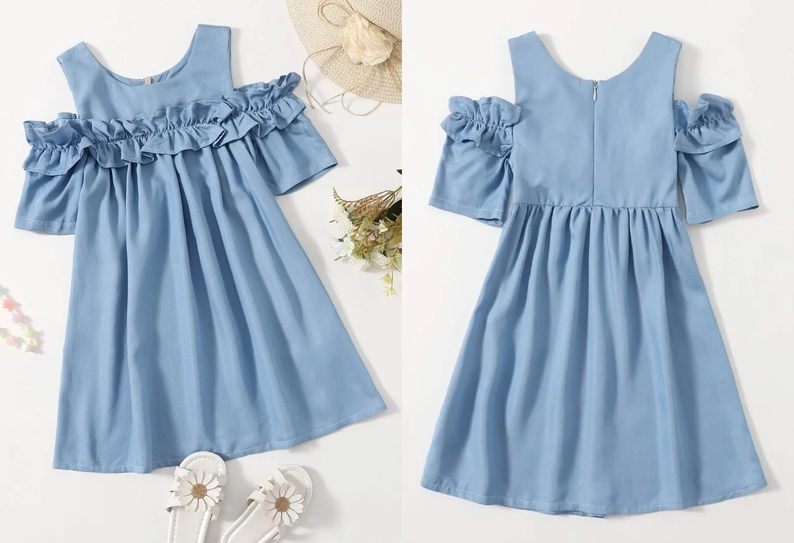 Girls Dress: digital sewing pattern for girls — loose a-line dress with off-shoulder ruffles — Moldey
