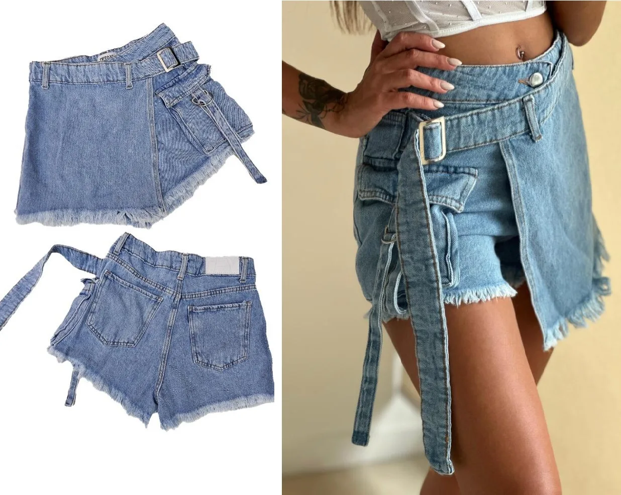 Girls Shorts 19: digital sewing pattern for girls — denim skort with belt and frayed hem — Moldey