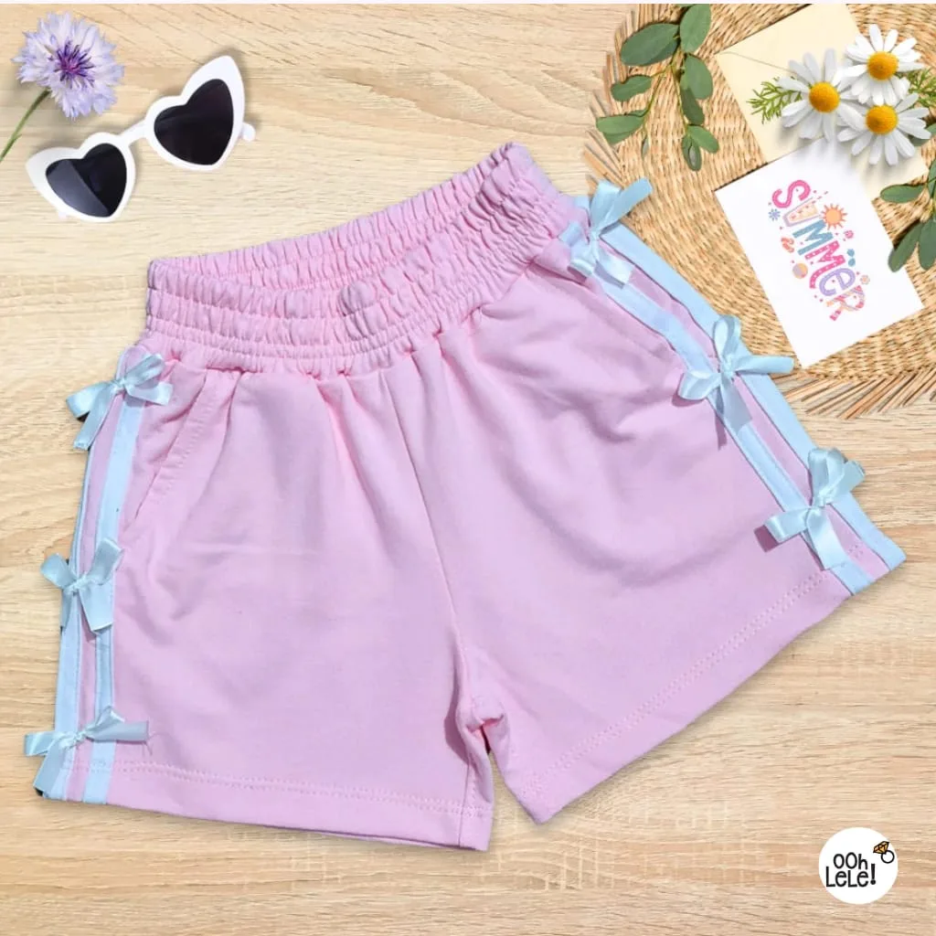 Girls Shorts 21: digital sewing pattern for girls — knit shorts with gathered waist and bows — Moldey