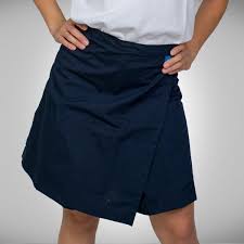 School Shorts 01: digital sewing pattern for girls — navy wrap skort with diagonal hem — Moldey