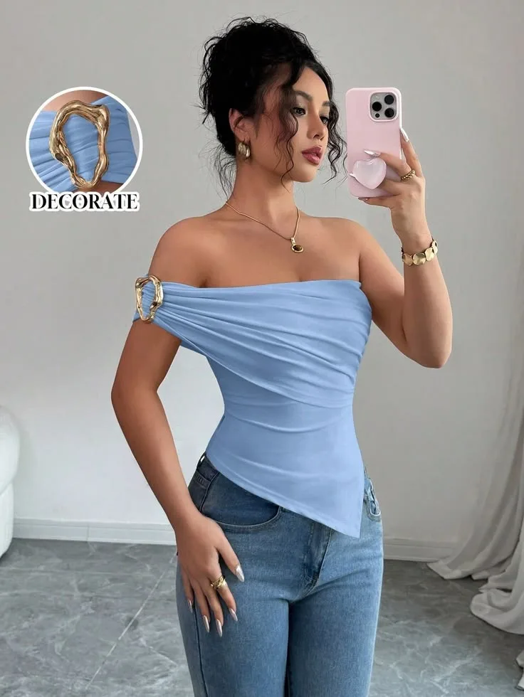 Top 337-L: digital sewing pattern for women — one-shoulder draped top with metal ring — Moldey
