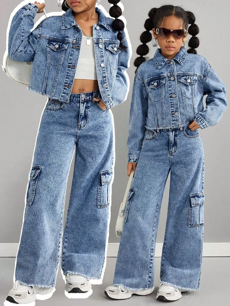 Pants 216-G: digital sewing pattern for girls — wide-leg denim cargo pants with raw hem — Moldey
