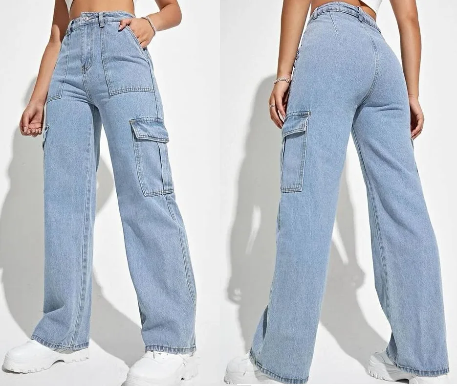Girls Pants 90: digital sewing pattern for girls — high-rise denim cargo pants with side pocket — Moldey