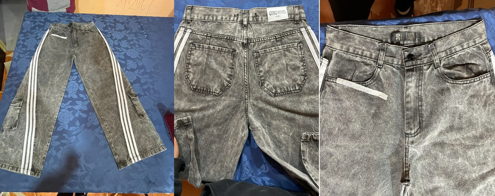 Pants 100: digital sewing pattern for women — dark denim pants with white side stripes — Moldey