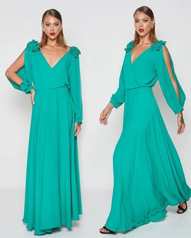 Dress 200: digital sewing pattern for women — long dress with open sleeves and shoulder flower — Moldey