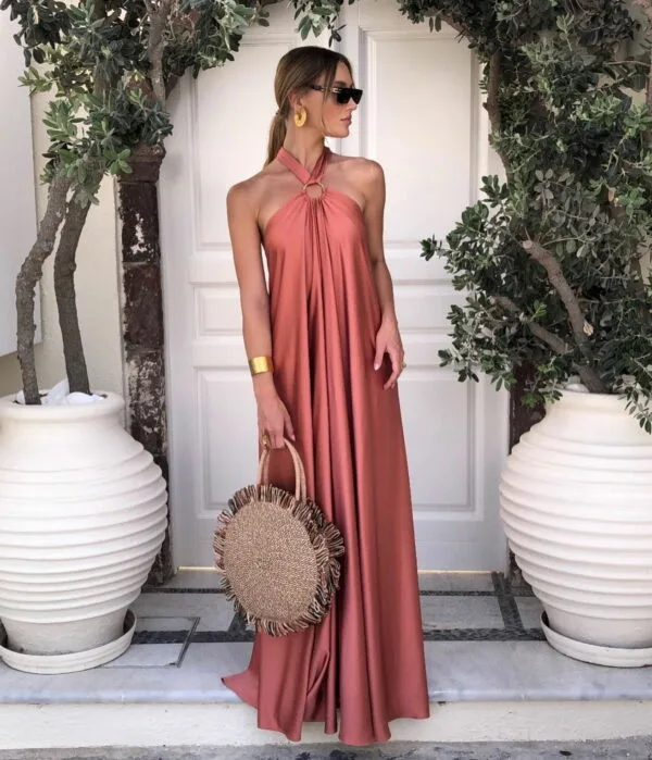 Dress 317: digital sewing pattern for women — long halter dress with metal ring — Moldey