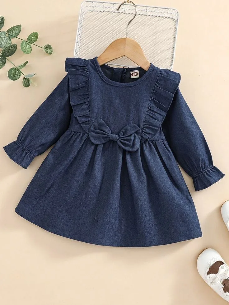 Baby Dress 02: digital sewing pattern for girls — denim dress with bow and ruffles — Moldey