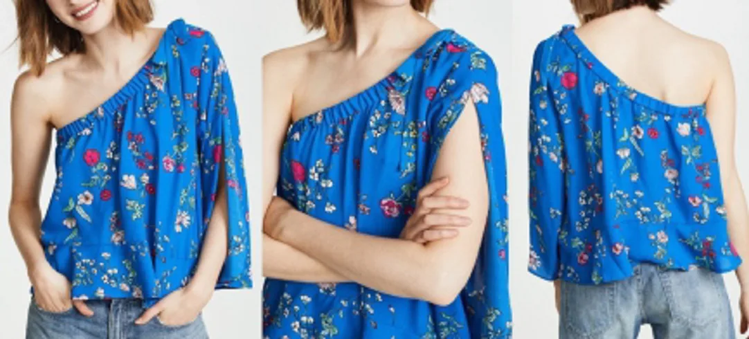 Blouse 28: digital sewing pattern for women — one-shoulder floral blouse with bell sleeve — Moldey