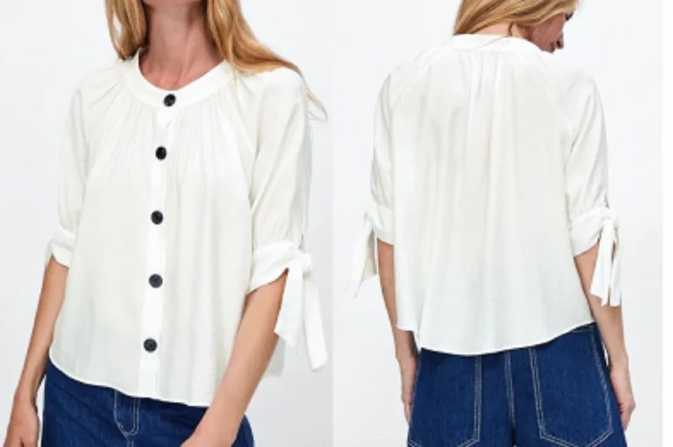 Blouse 32: digital sewing pattern for women — gathered-neck blouse with tie cuffs — Moldey