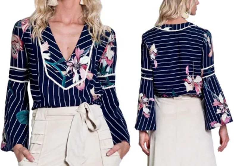Blouse 46: digital sewing pattern for women — striped bell-sleeve blouse with floral panel — Moldey