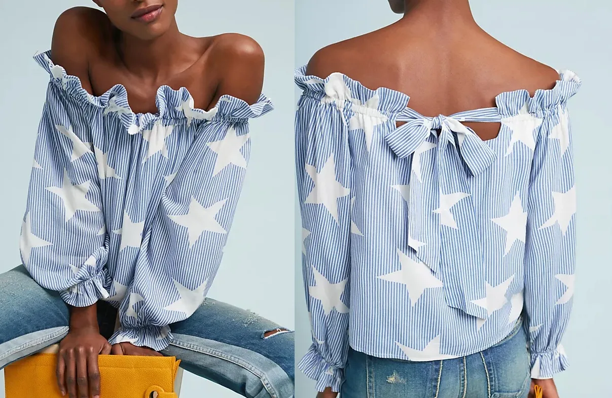 Blouse 52: digital sewing pattern for women — off-shoulder printed blouse with ruffle — Moldey