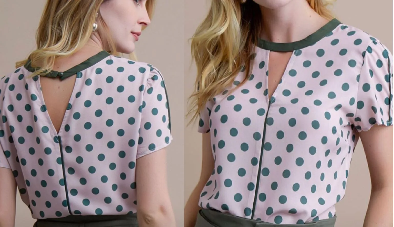 Blouse 67: digital sewing pattern for women — polka dot blouse with contrast piping — Moldey