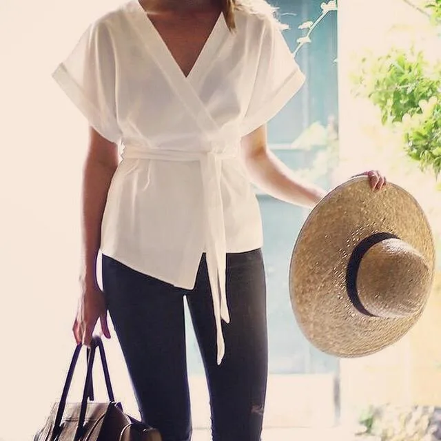 Blouse 82: digital sewing pattern for women — wrap blouse with kimono sleeves and belt — Moldey