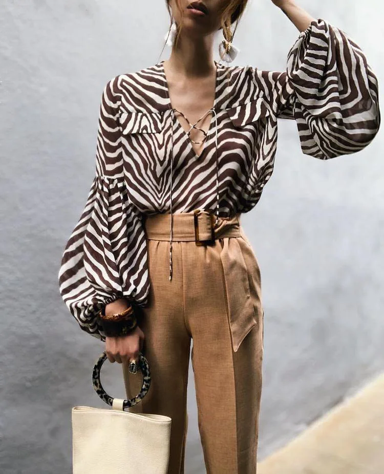 Blouse 87: digital sewing pattern for women — animal print blouse with puff sleeves and tie — Moldey