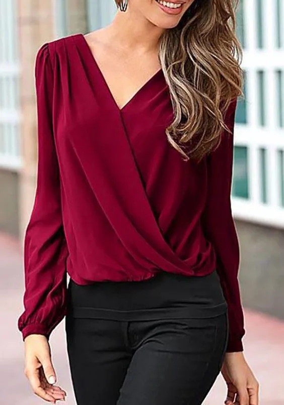 Formal Wine Color Blouses 2: digital sewing pattern for women — wrap blouse with deep V-neckline — Moldey
