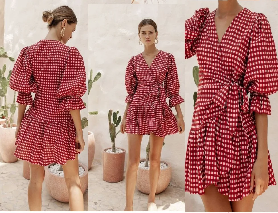 Dress 206: digital sewing pattern for women — gingham wrap dress with tiered ruffles — Moldey
