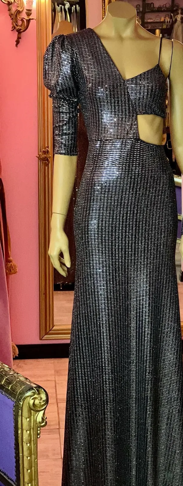 Dress 335: digital sewing pattern for women — long one-shoulder dress with puff sleeve — Moldey